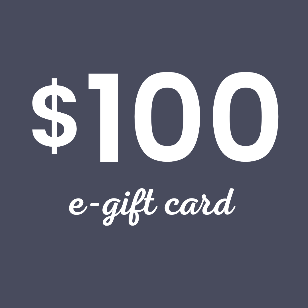 White text on a blue background indicating a $100 e-gift card.