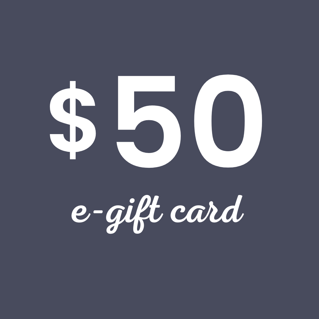 White text on a blue background indicating a $50 e-gift card
