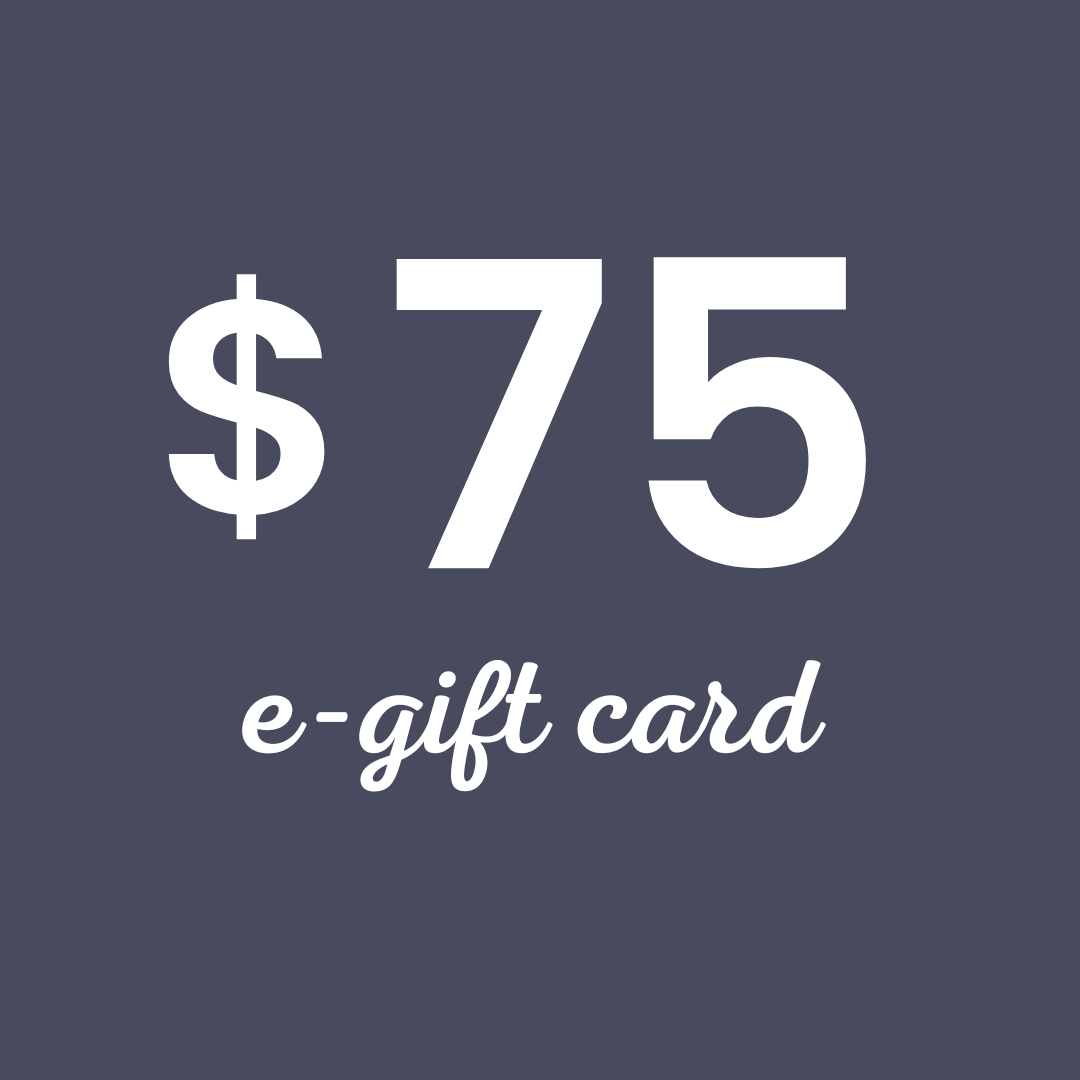 White text on a navy blue background indicating a $75 e-gift card.