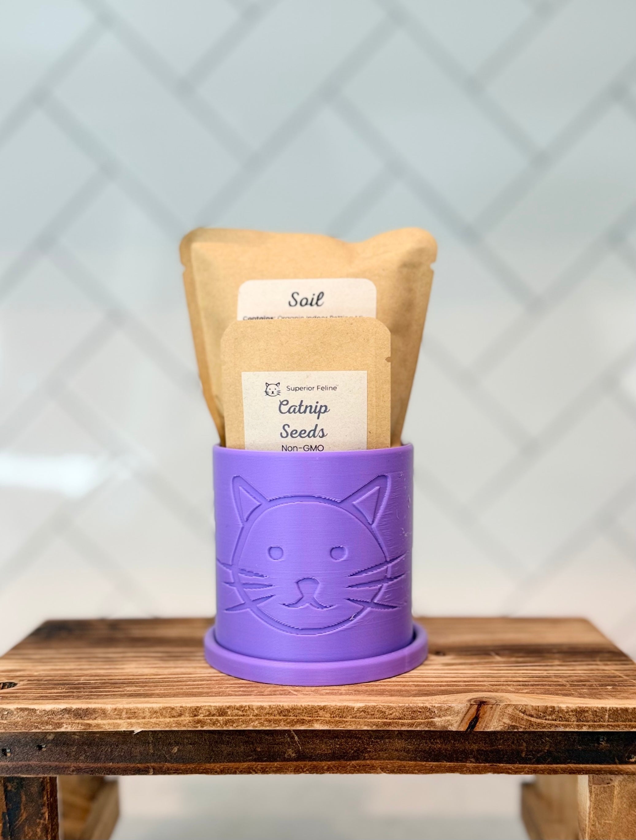 Bright lilac colored planter with cat head design containing packaged catnip seeds and soil on a wooden surface.