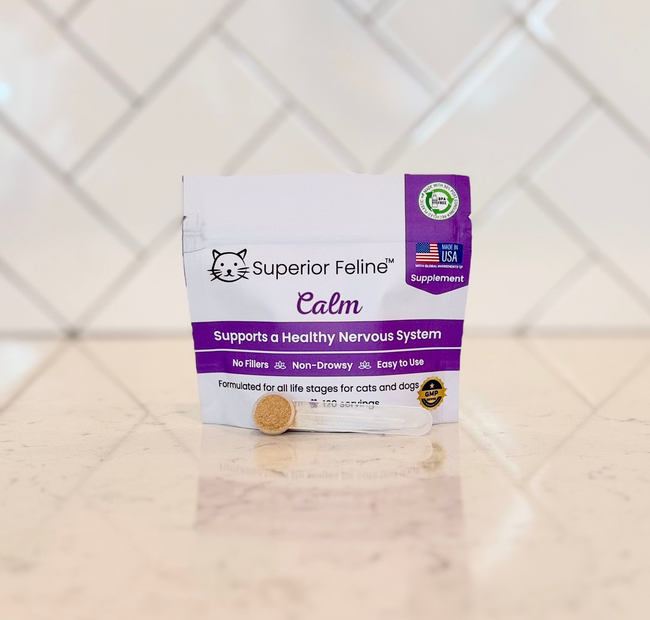 Superior Feline Calm supplement package on a tiled counter