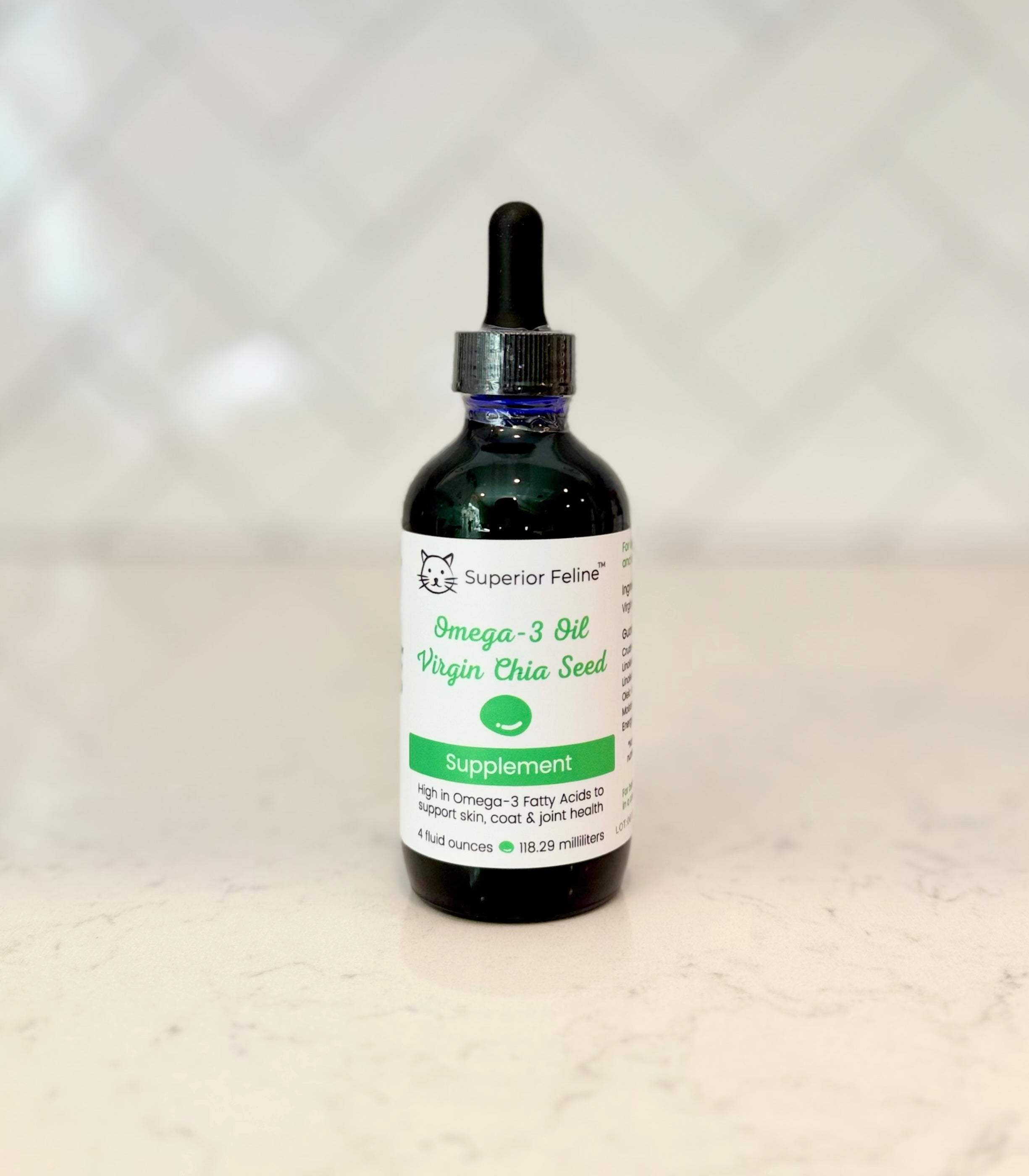 Front view of Superior Feline Chia Seed Oil bottle with label 