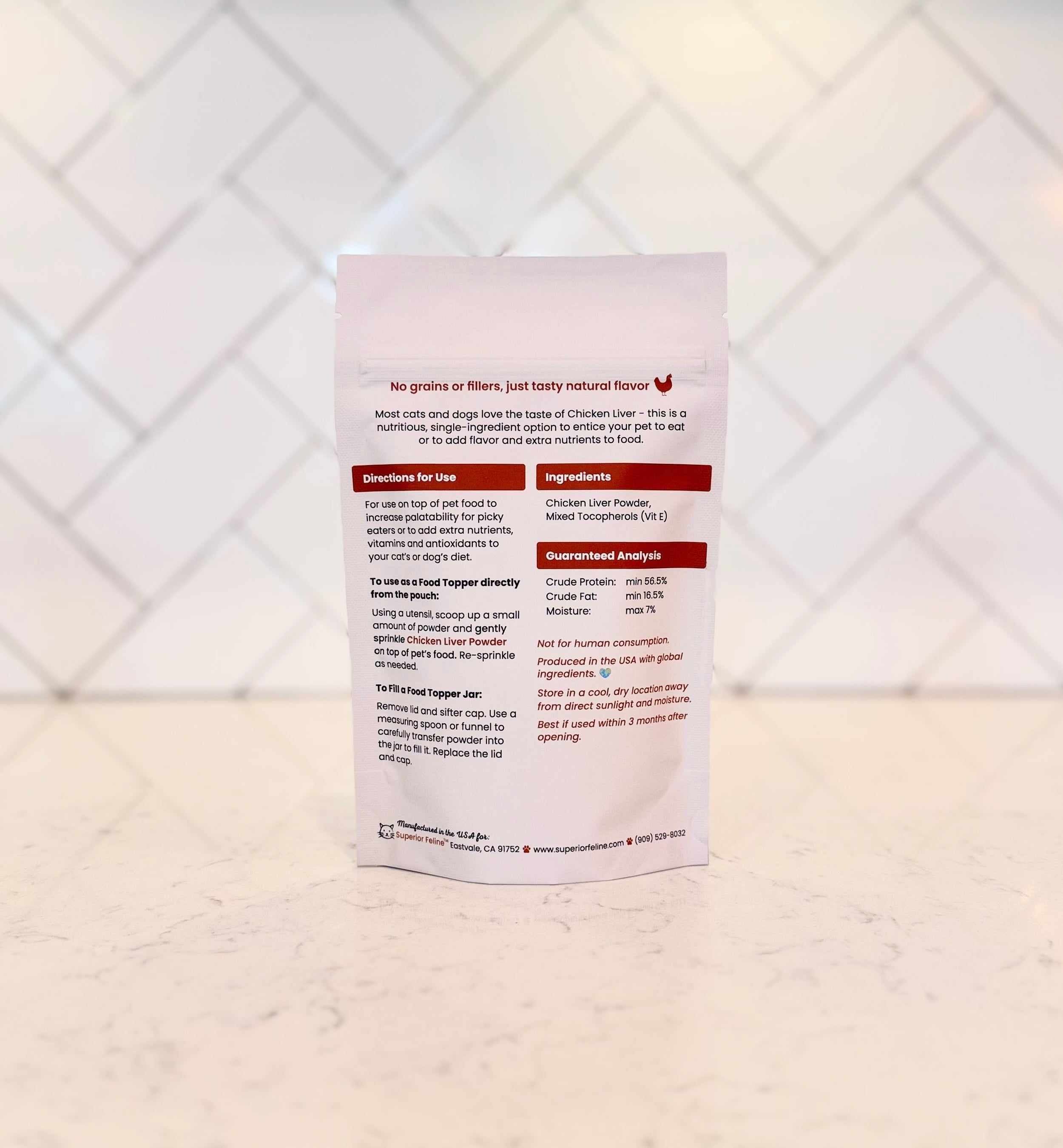 Chicken Liver Powder Pouch backside showing product information and details