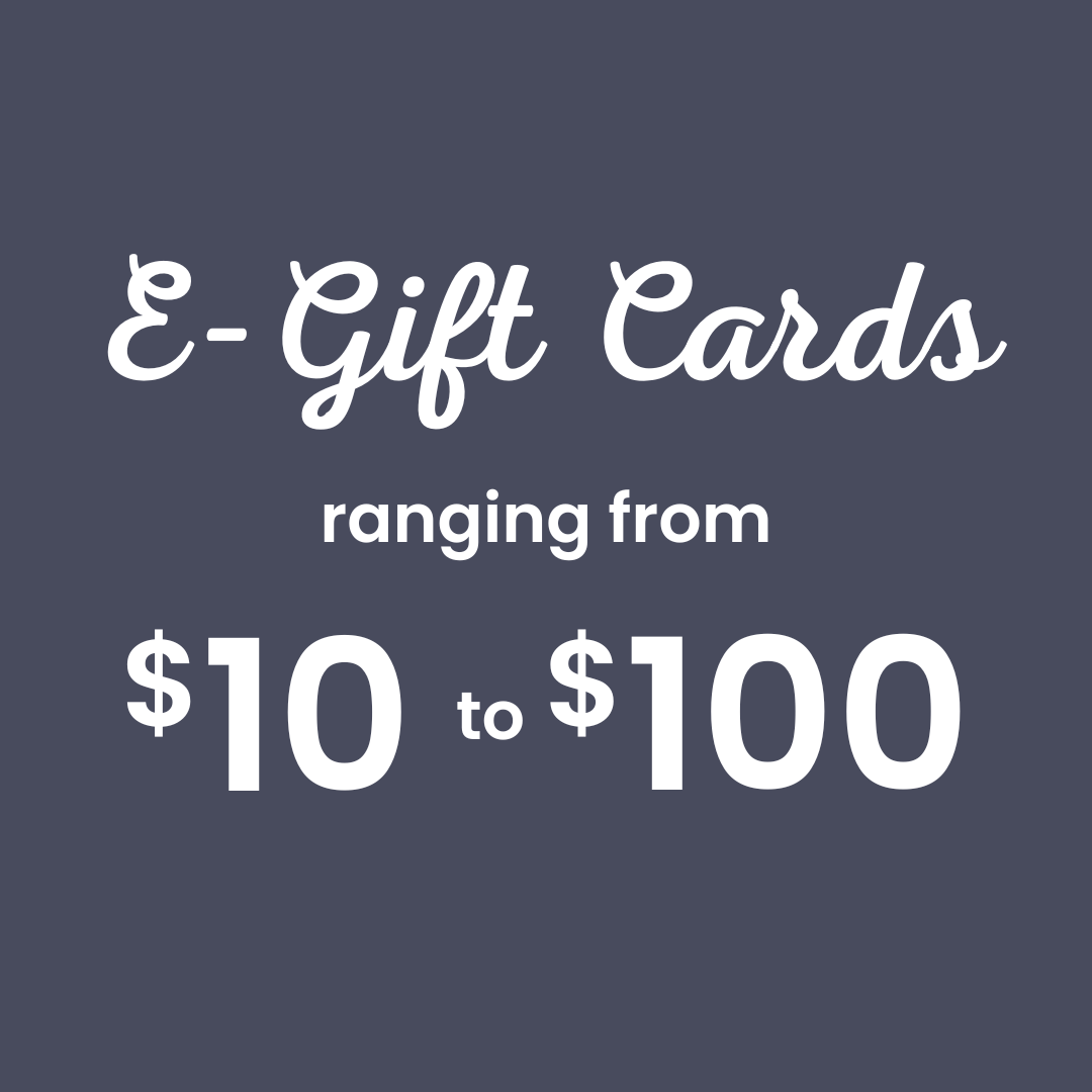 E-Gift Cards offer ranging from $10 to $100 on a dark blue background