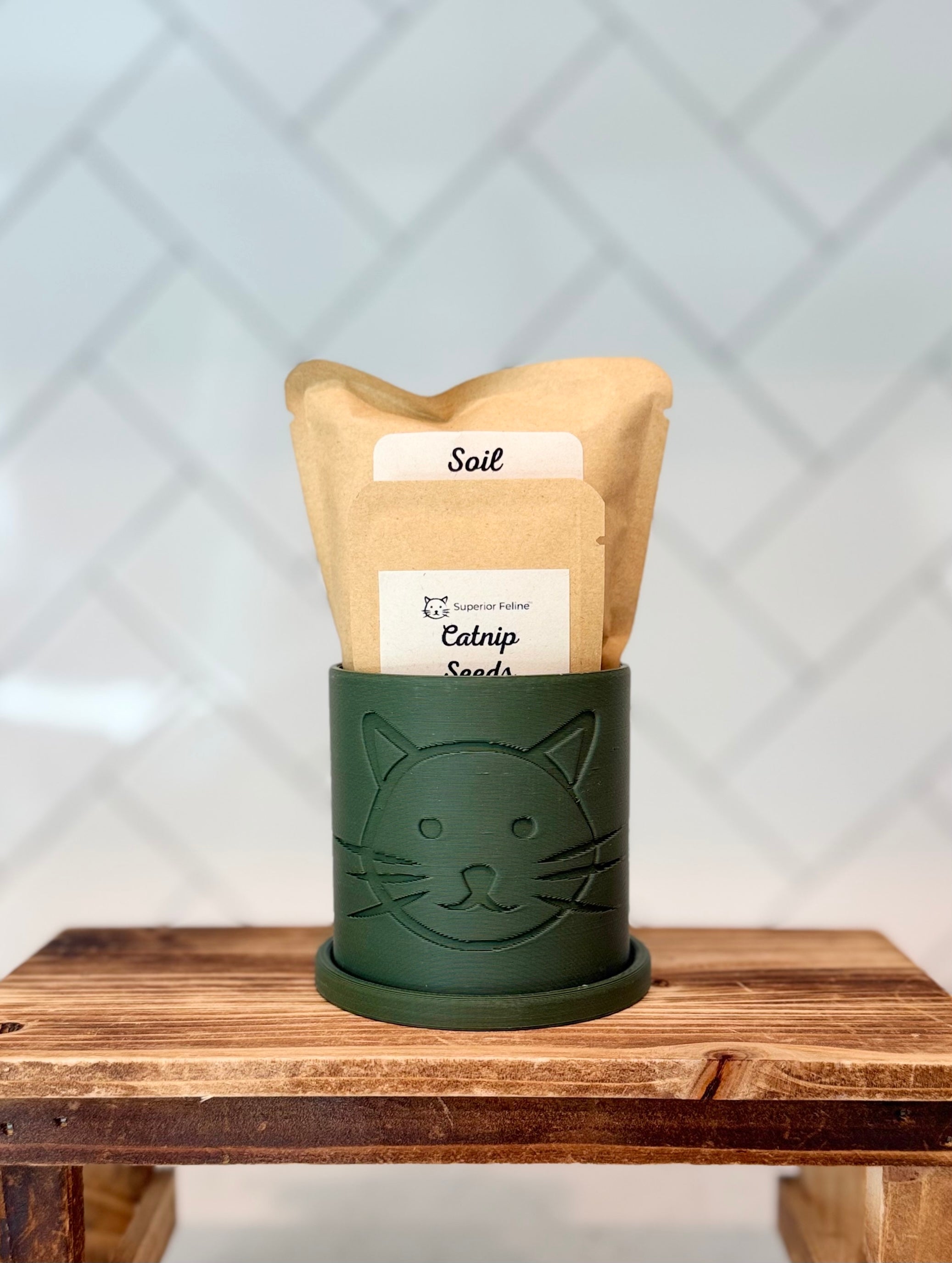 Green colored planter with cat head design containing packaged catnip seeds and soil on a wooden surface.