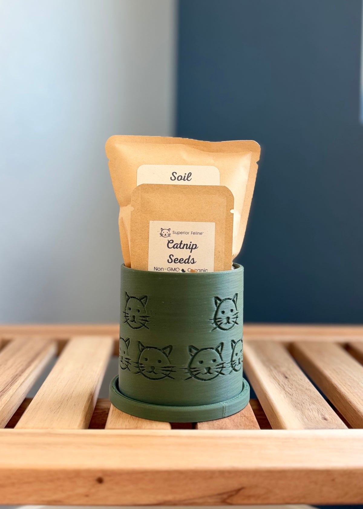 A green cylindrical planter with a cat face pattern, holding a catnip seed packet and a soil packet, set on a wooden slatted surface against a blue-gray background.