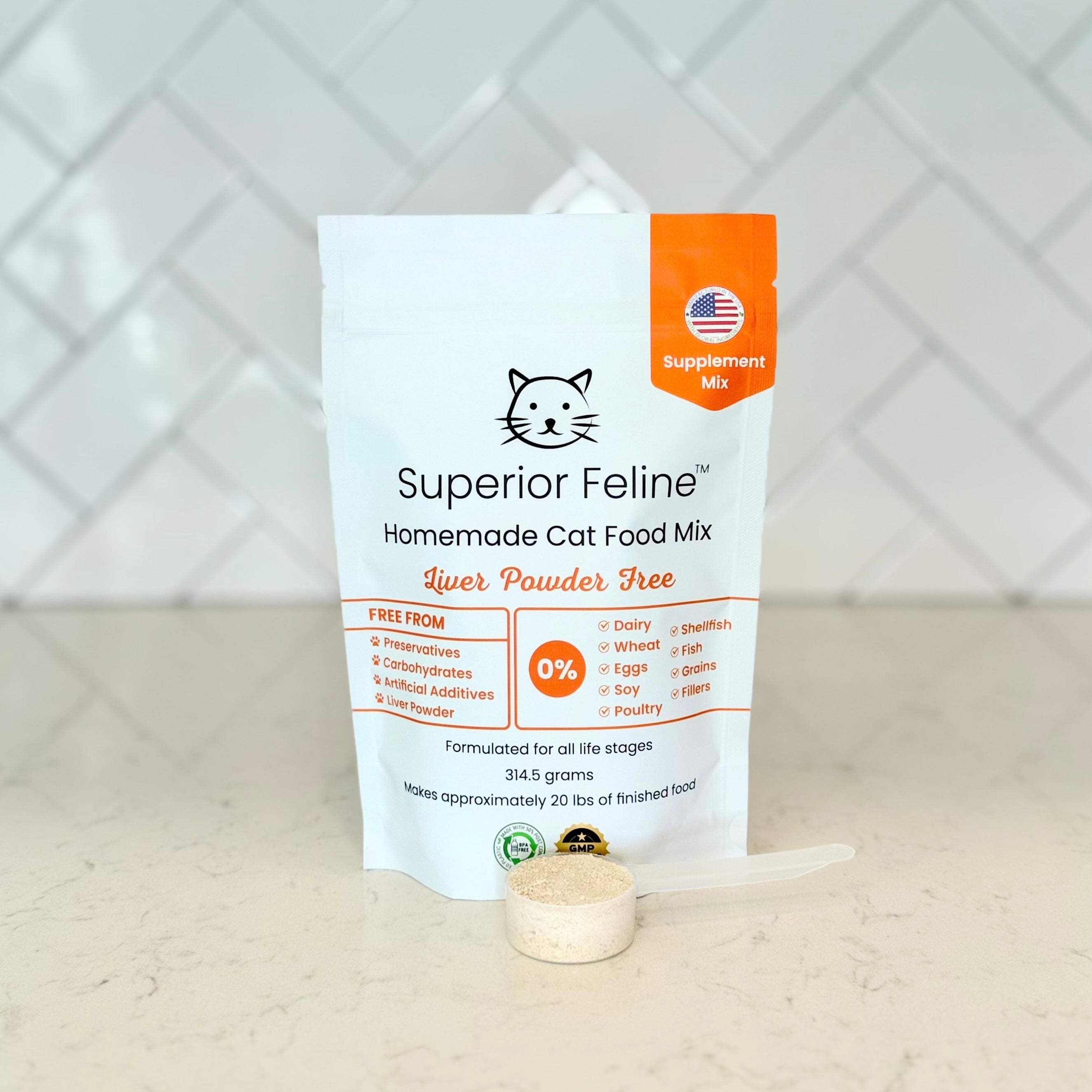 Superior Feline cat food mix package on a light surface with a white tiled background
