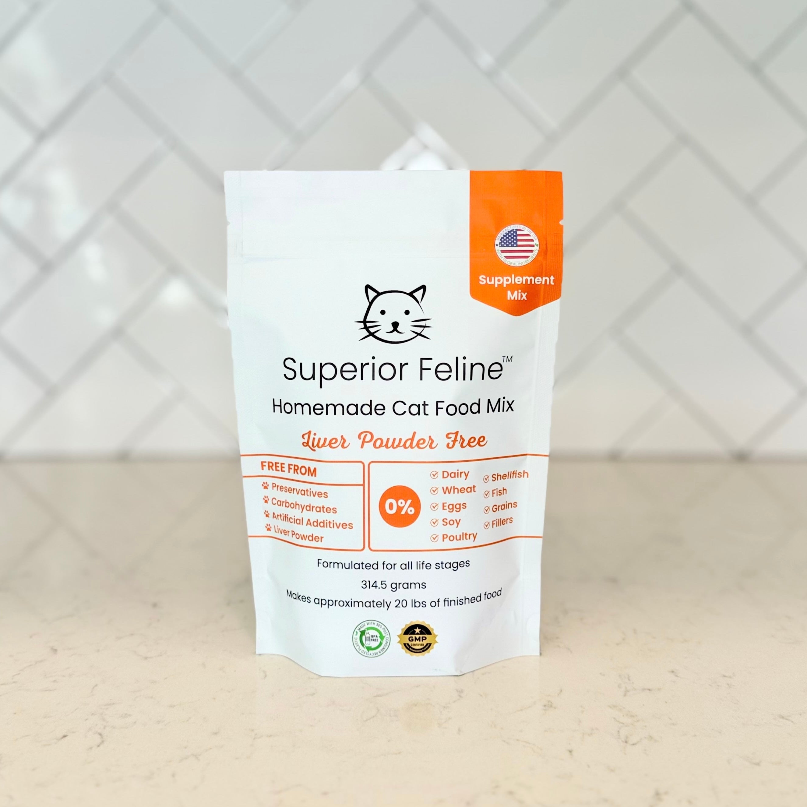 Superior Feline cat food mix package on a light surface with a white tiled background