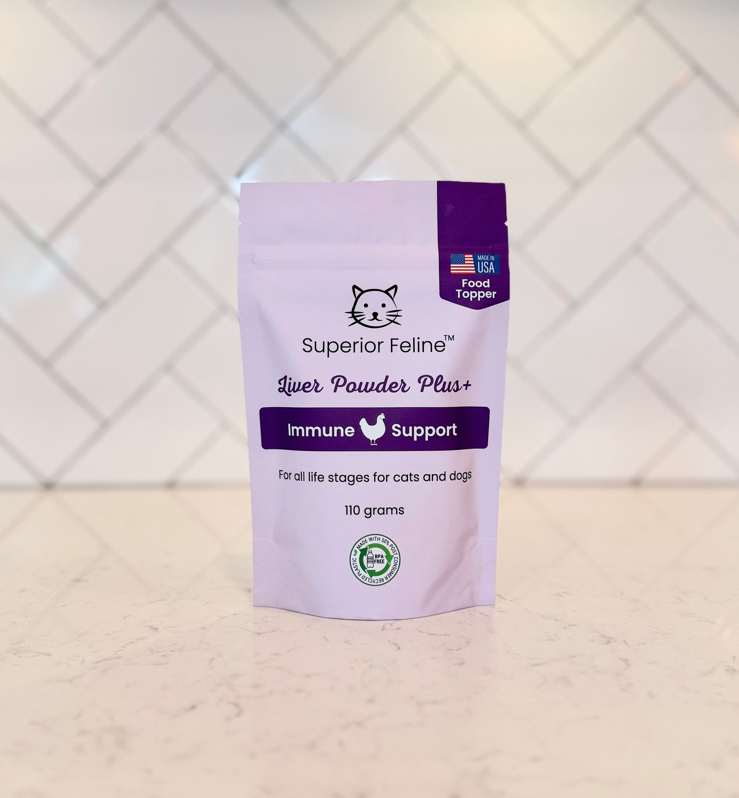 Superior Feline Liver Powder Plus+ package on a kitchen countertop