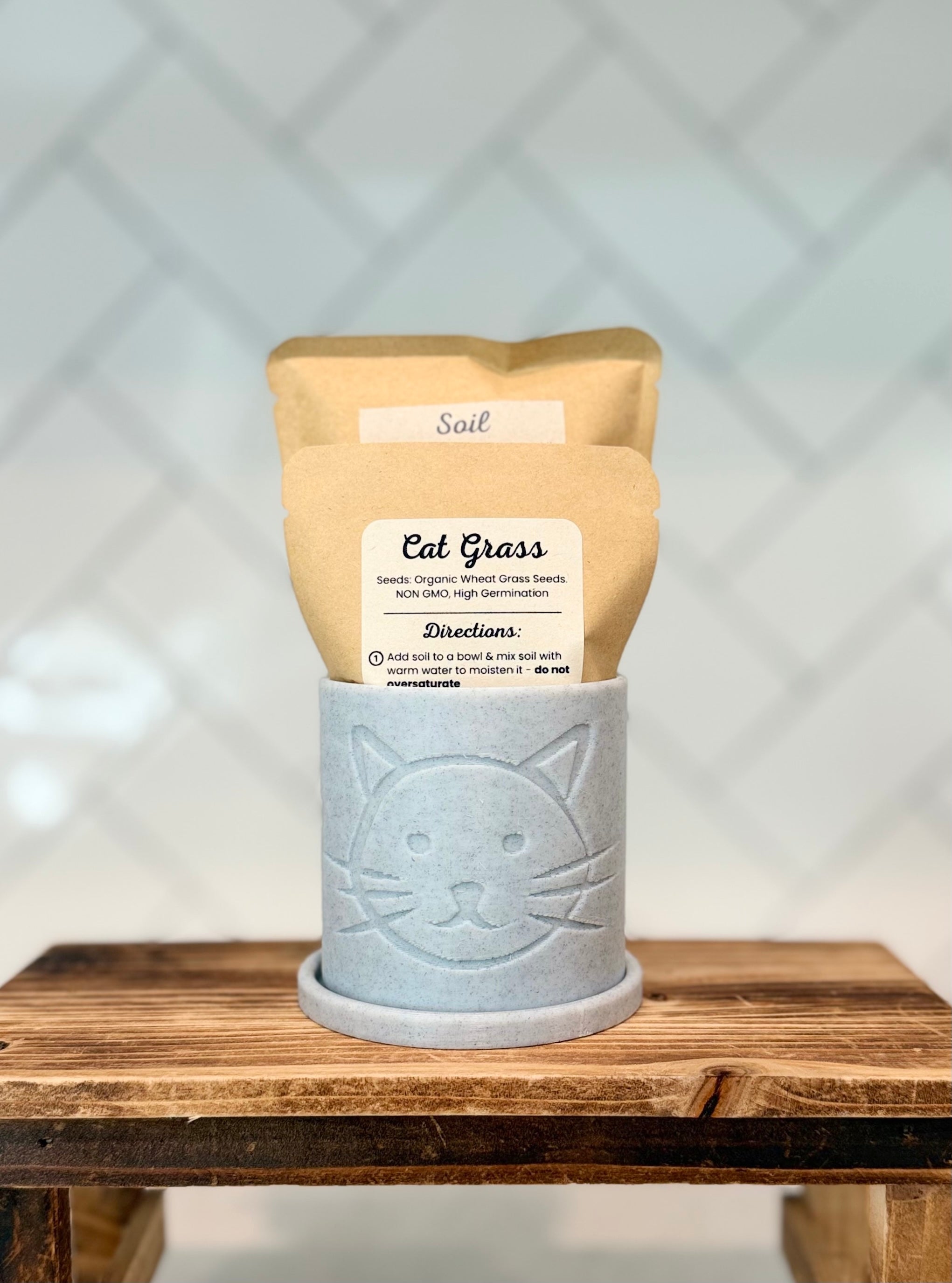Light Stone colored planter with cat head design containing packaged cat grass seeds and soil on a wooden surface.