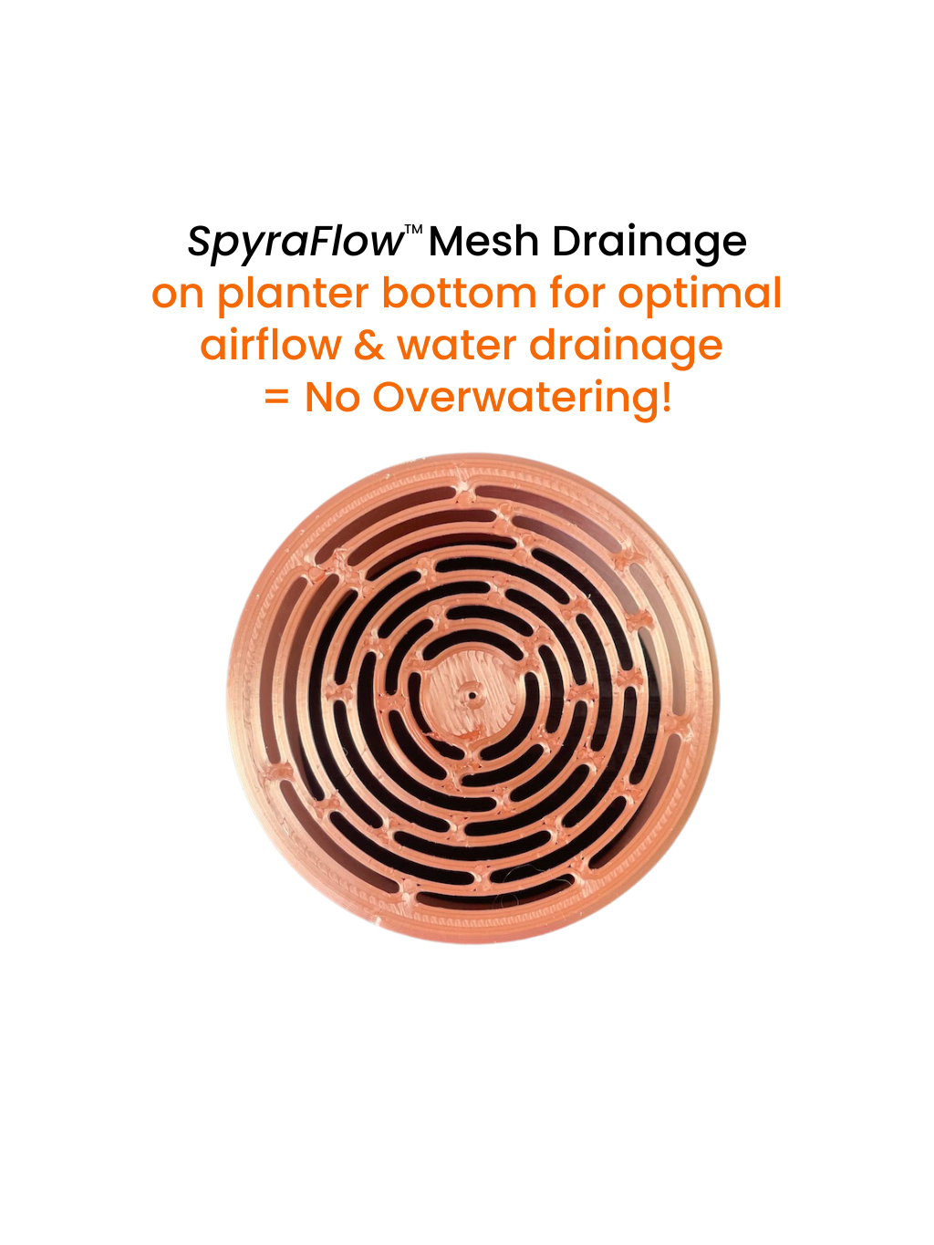 Mesh drainage system for planters with text on optimal airflow and water drainage.