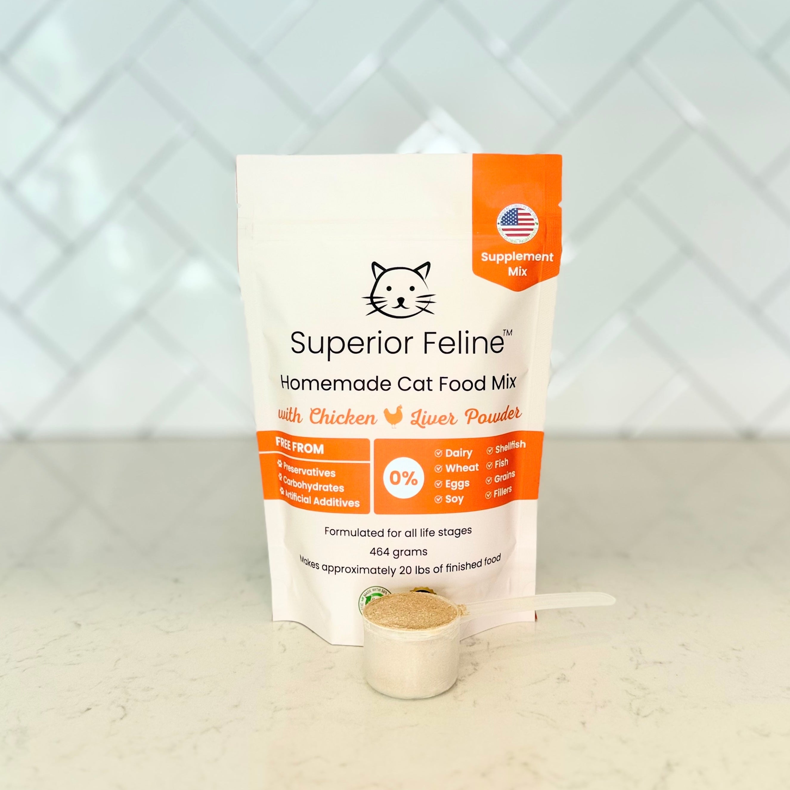 Superior Feline Homemade Cat Food Mix packaging on a white surface with a white tiled wall background
