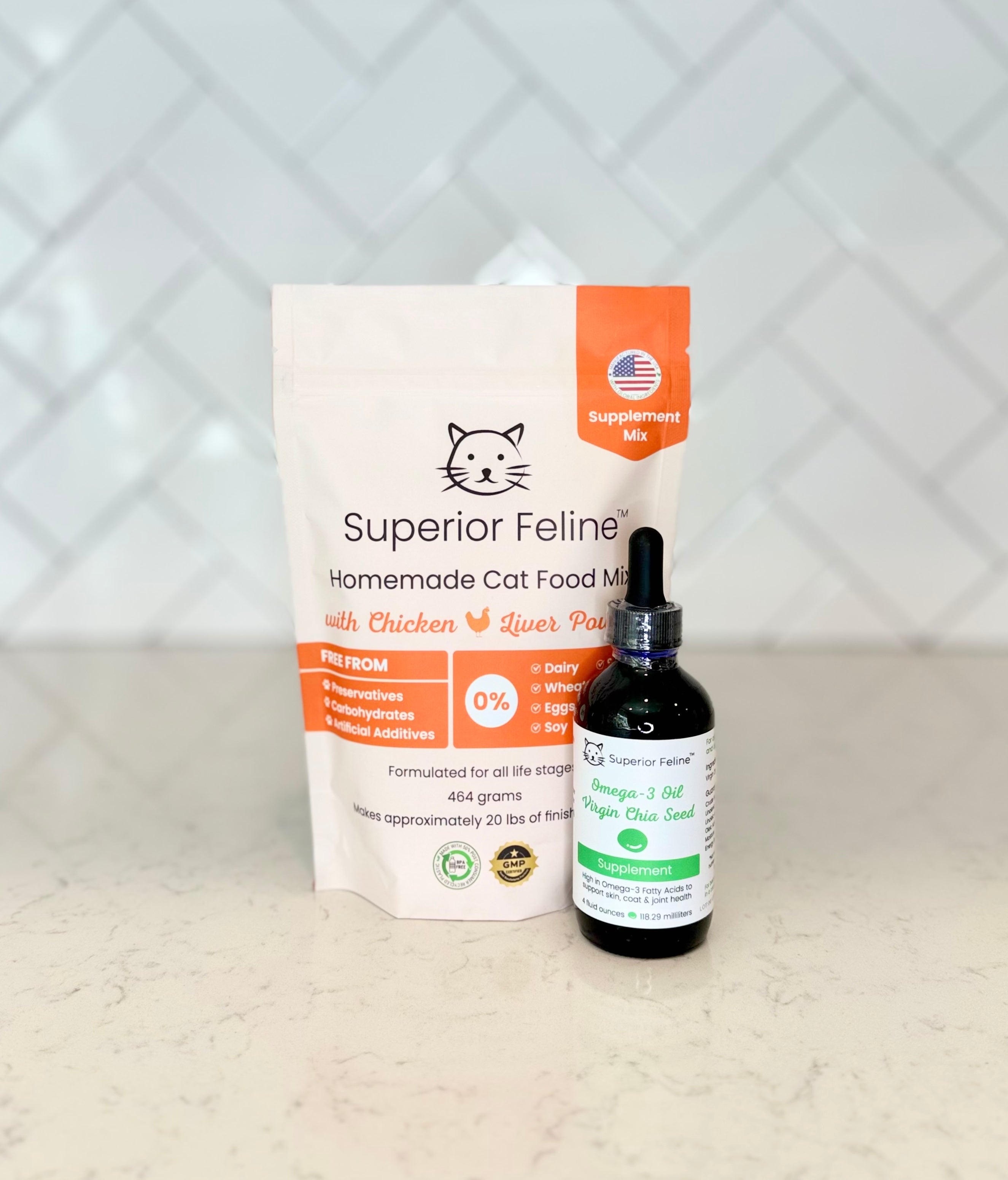 Superior Feline cat food mix package and bottle of Chia Seed Oil on a light countertop surface with a tiled backsplash.