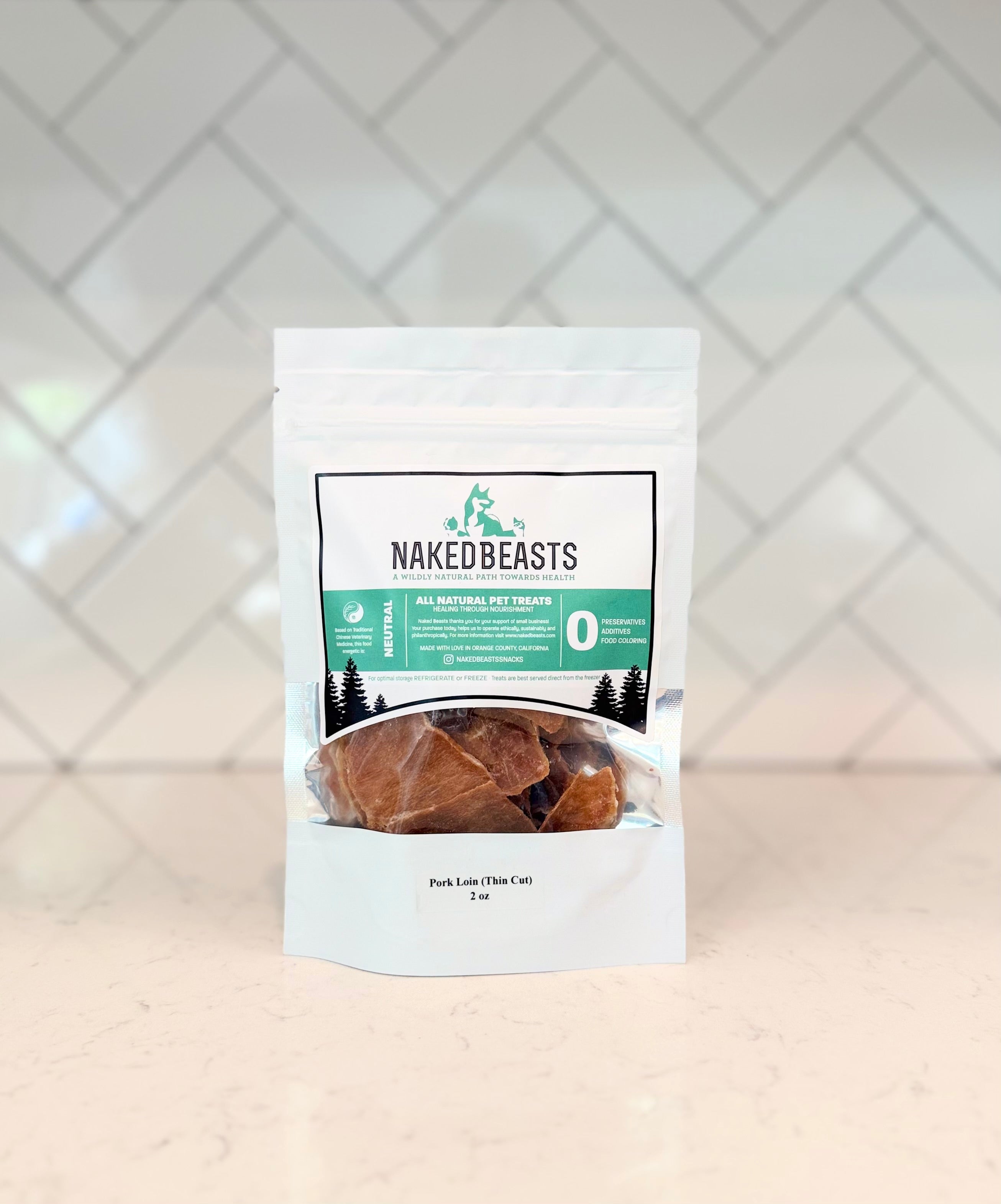 Naked Beasts Pork Loin Pet Snack package on a white background