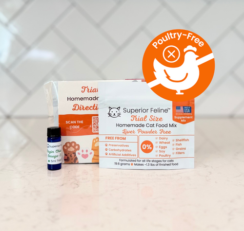 Trial Size Superior Feline homemade cat food mix packaging with a poultry-free label on a tiled background