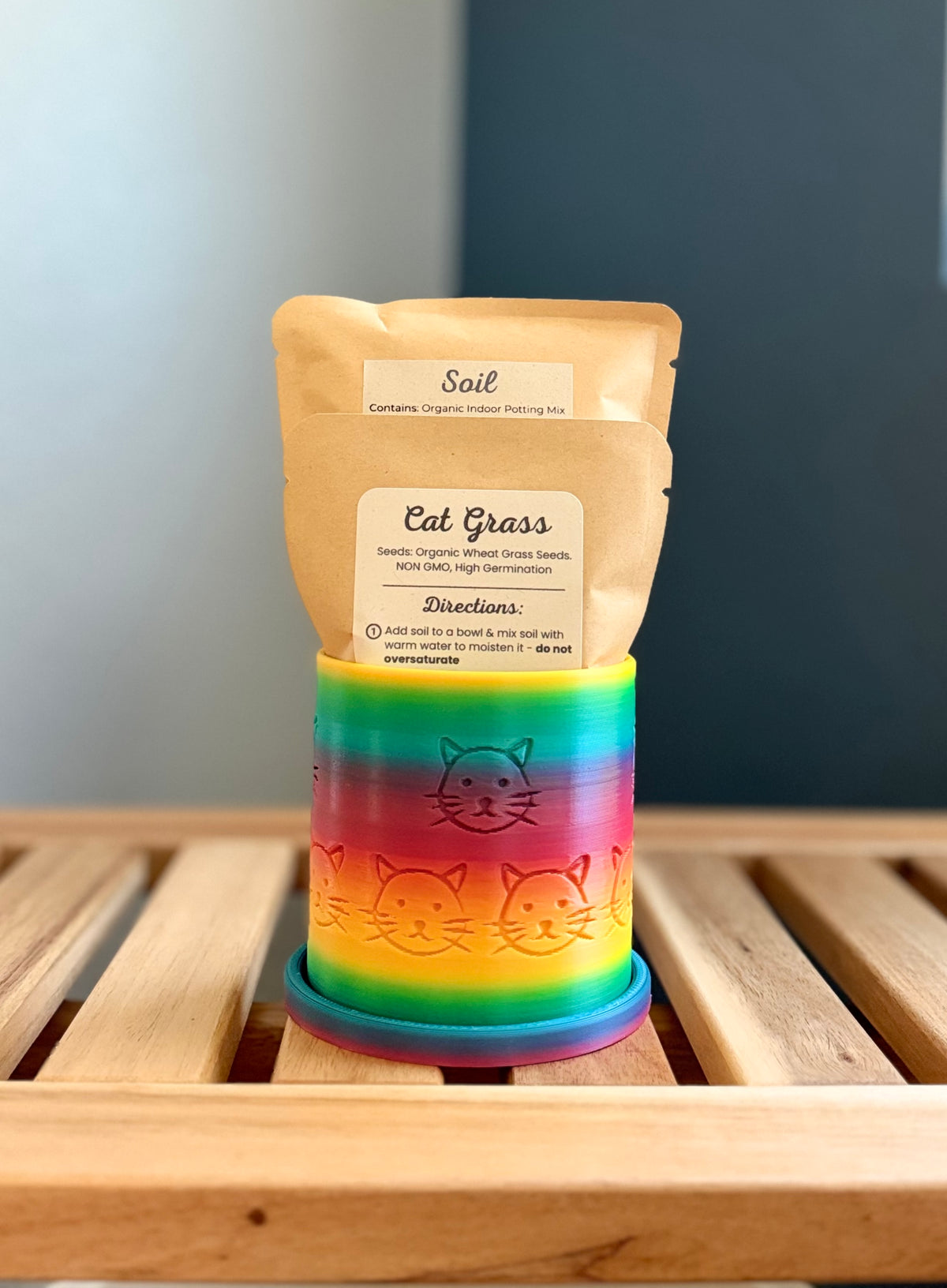 A small rainbow colored cylindrical planter with a cat face pattern sits on a wooden slatted surface against a gray-blue background. Inside the planter are two pouches - a medium-sized packet labeled 'Cat Grass Seeds', and a larger packet labeled 'Soil.