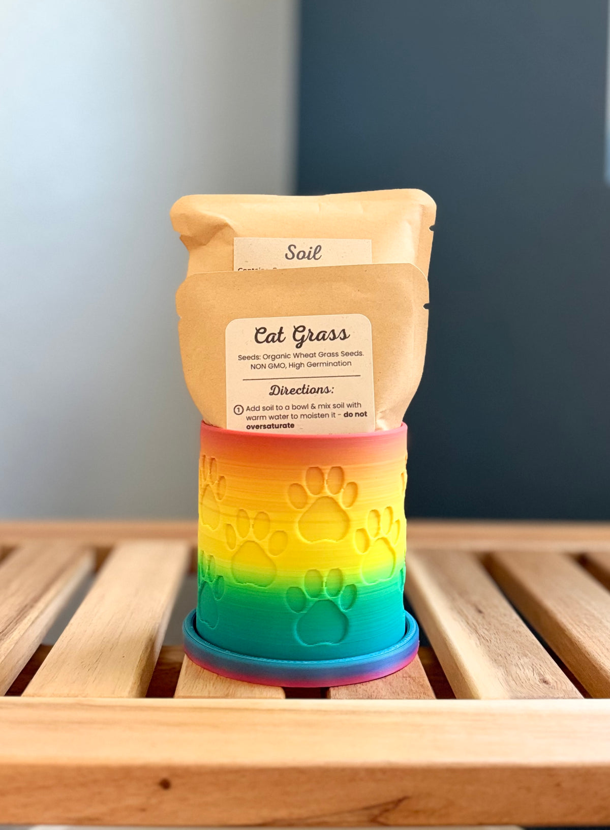 A small rainbow colored cylindrical planter with a paw print pattern sits on a wooden slatted surface against a gray-blue background. Inside the planter are two pouches - a medium-sized packet labeled 'Cat Grass Seeds', and a larger packet labeled 'Soil.