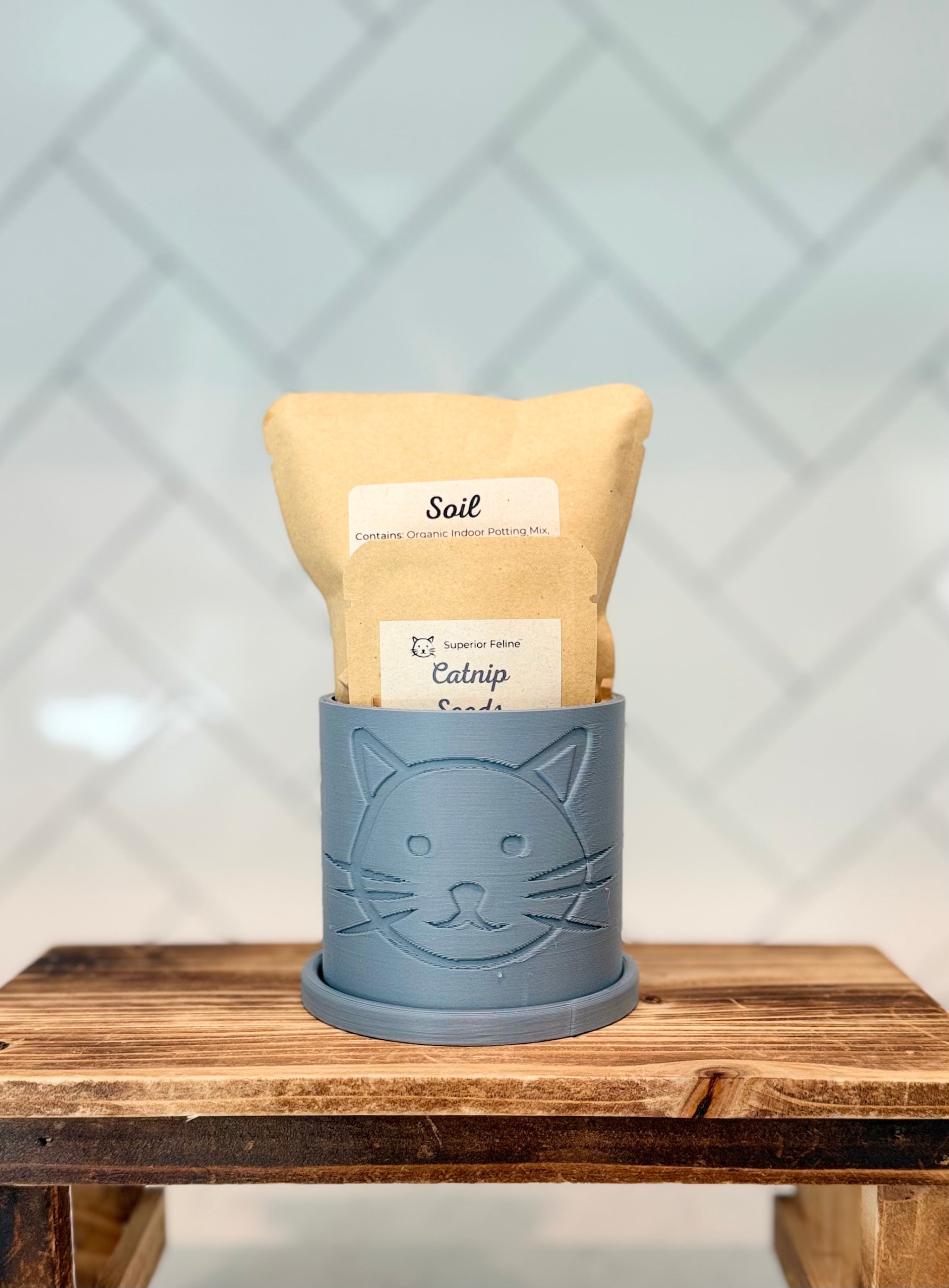 Grey planter with cat head design containing packaged catnip seeds and soil on a wooden surface.