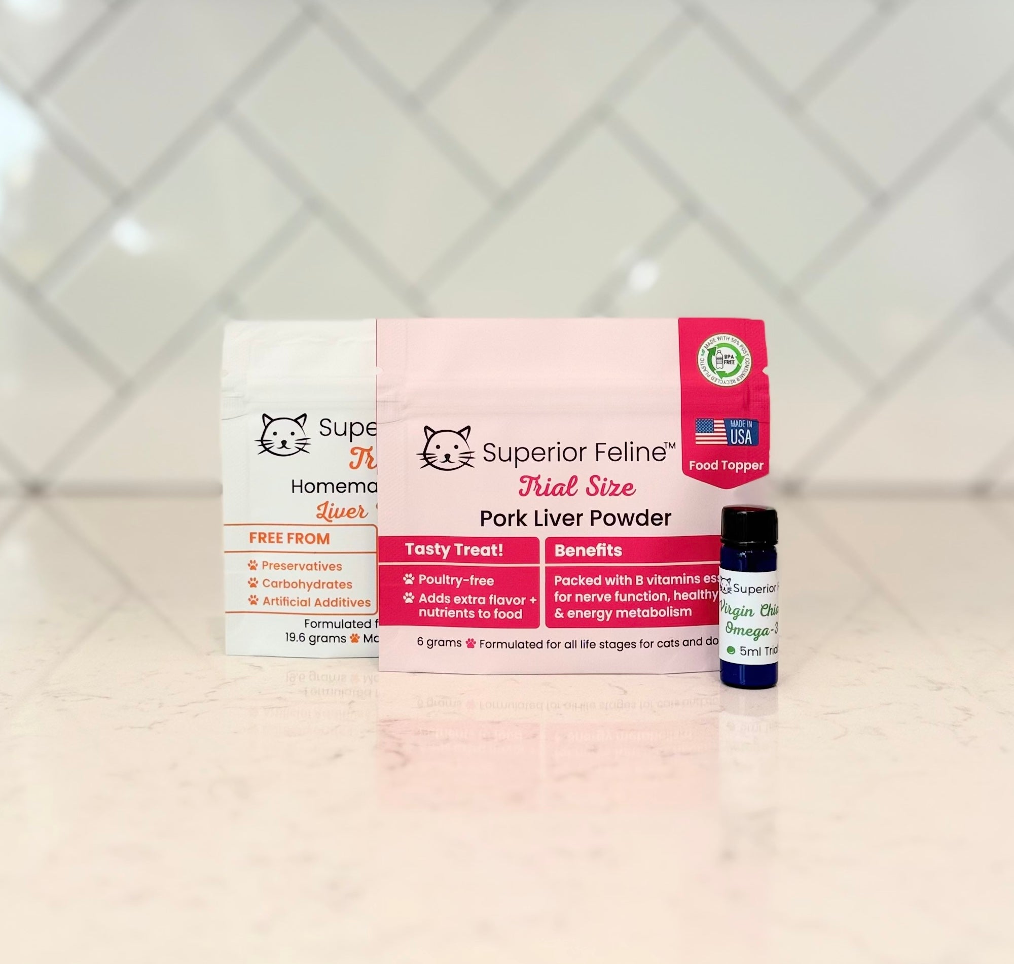 Superior Feline Liver Powder Free Trial Size Kit Contents with Chia Seed Oil