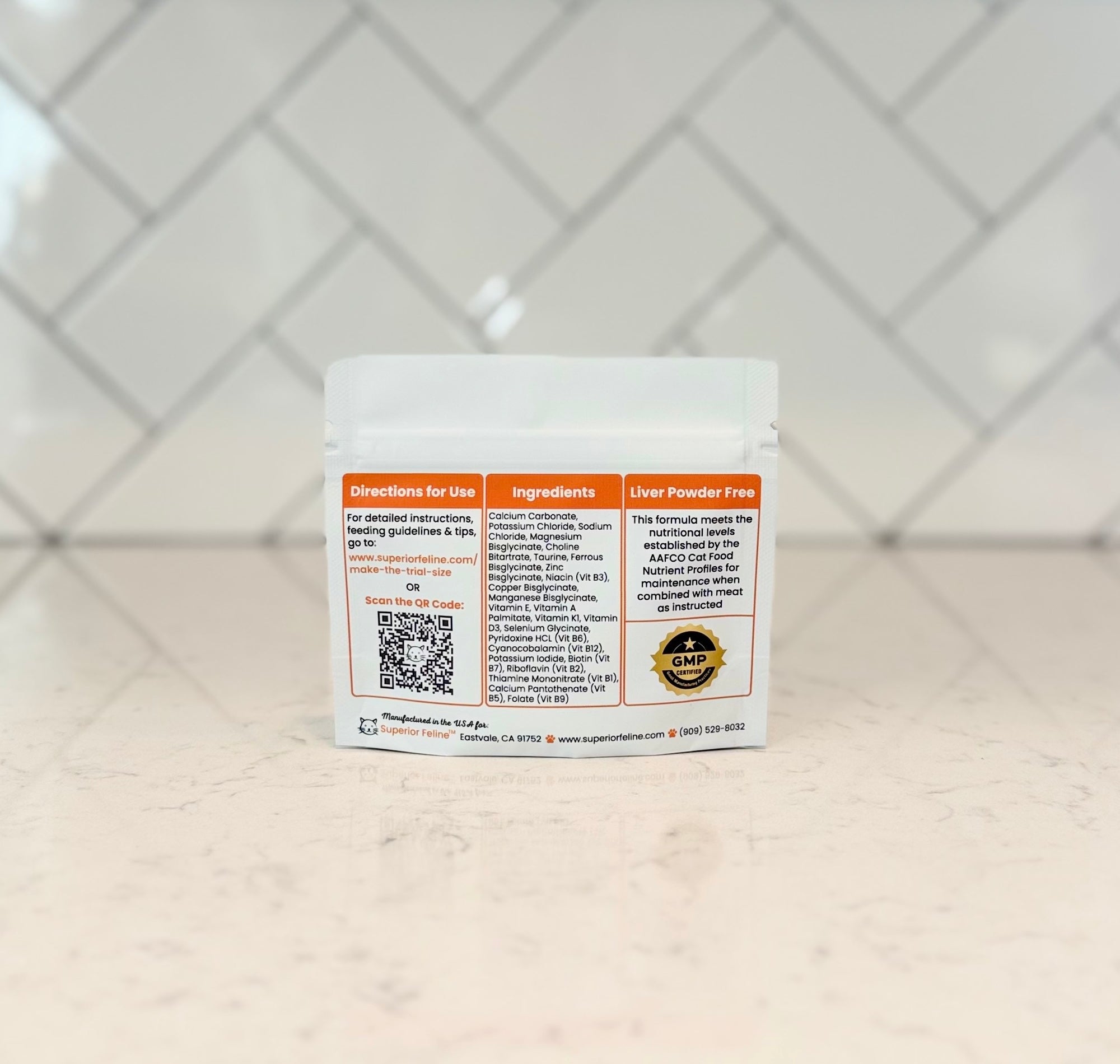 Back View of Superior Feline Trial Size Liver Powder Free Homemade Cat Food Supplement Mix packet on a counter top