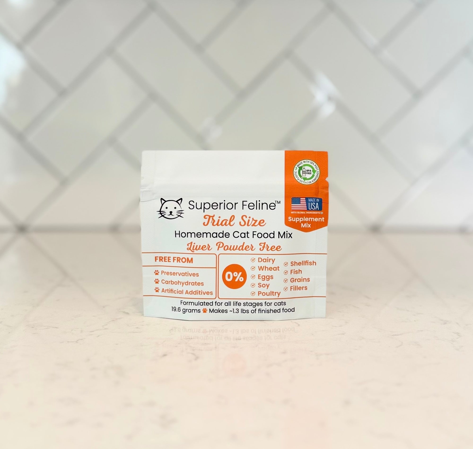 Front View of Superior Feline Trial Size Liver Powder Free Homemade Cat Food Supplement Mix packet on a counter top