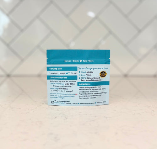 Back side of Microbiome Booster package with text about servings, directions and ingredients