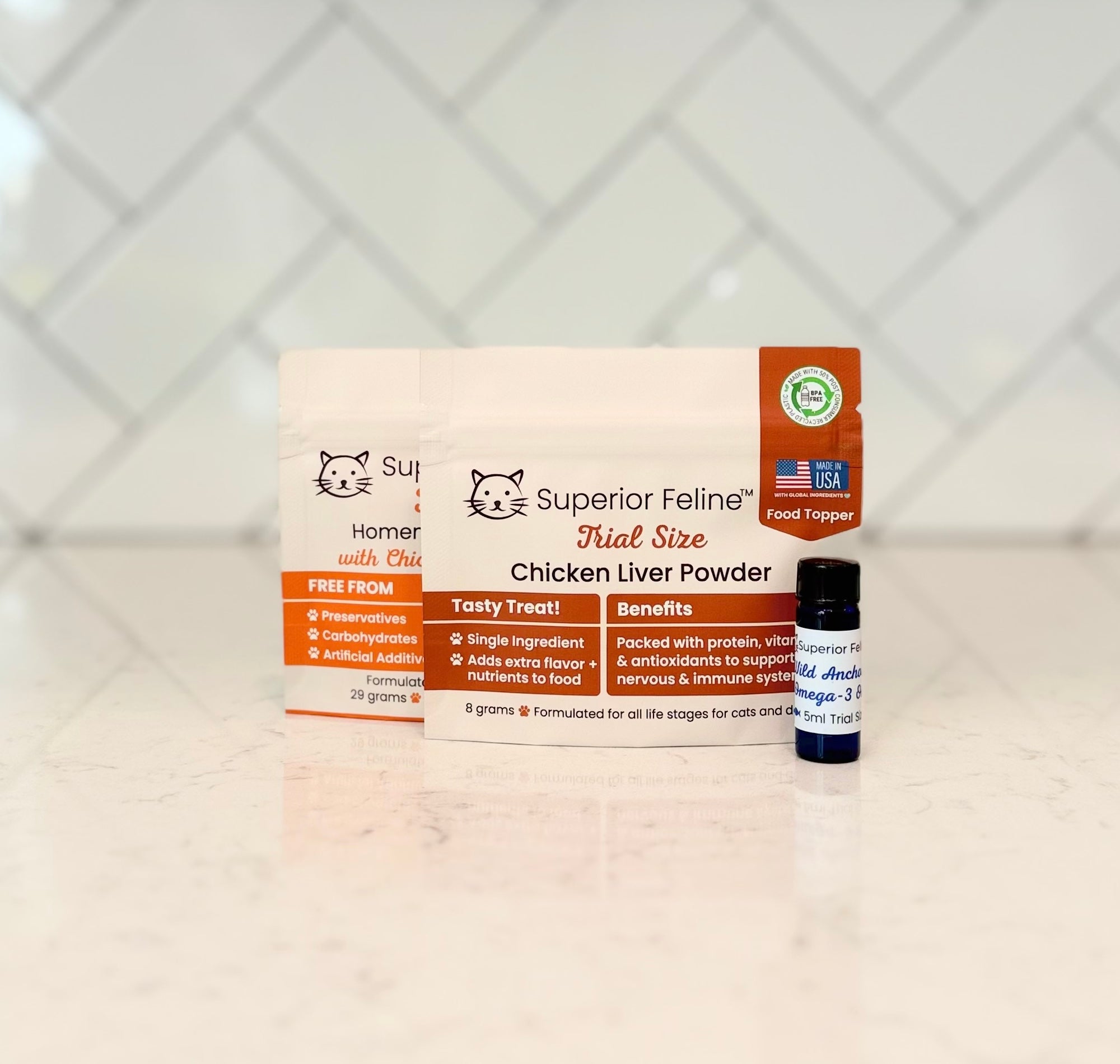 Superior Feline Trial Size product packaging on a light countertop with a tiled backsplash