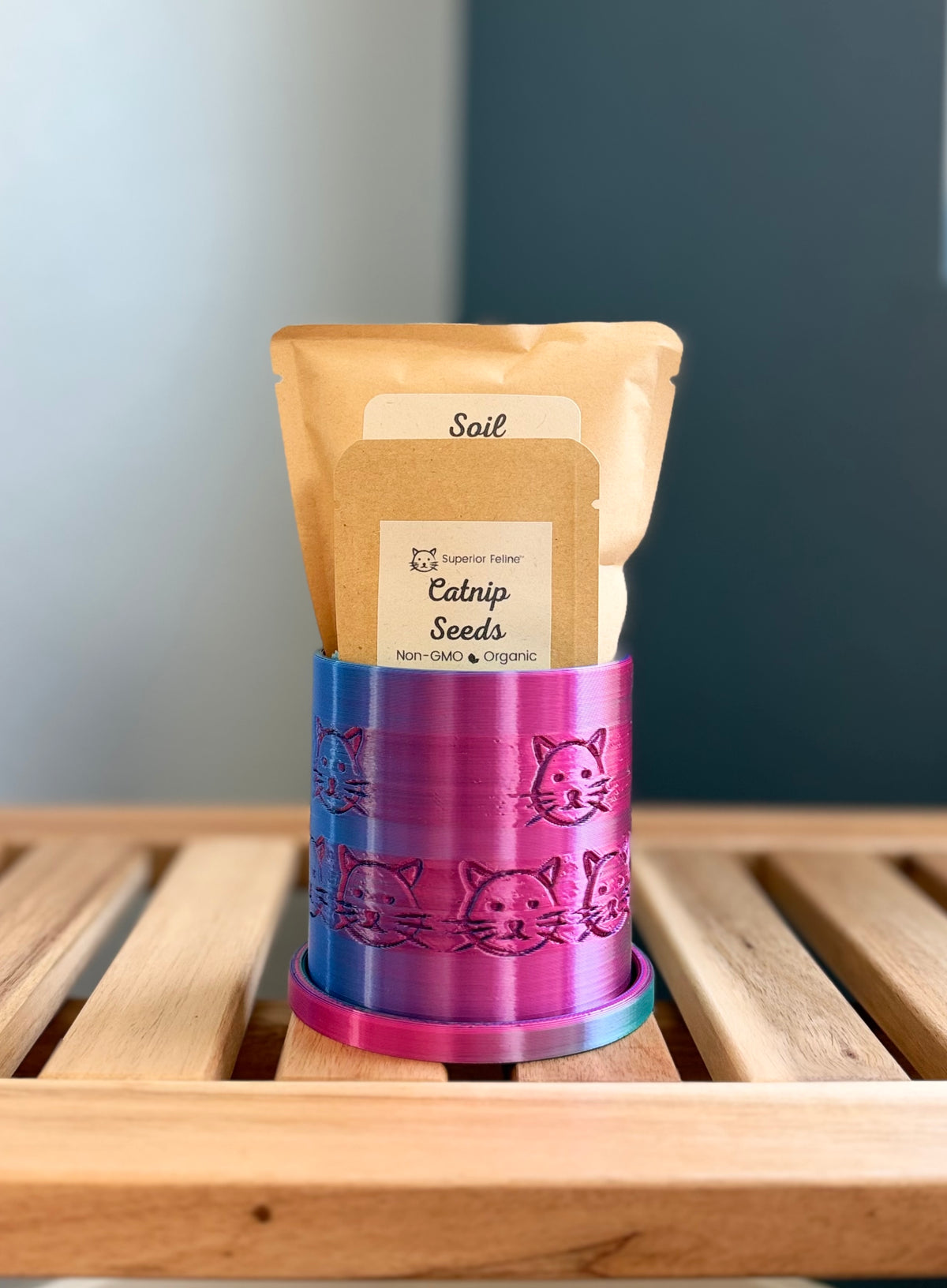 A pouch of catnip seeds and a pouch of soil stands upright in a colorful cylindrical container with a cat face pattern, placed on a wooden slatted surface against a dark blue-gray background.